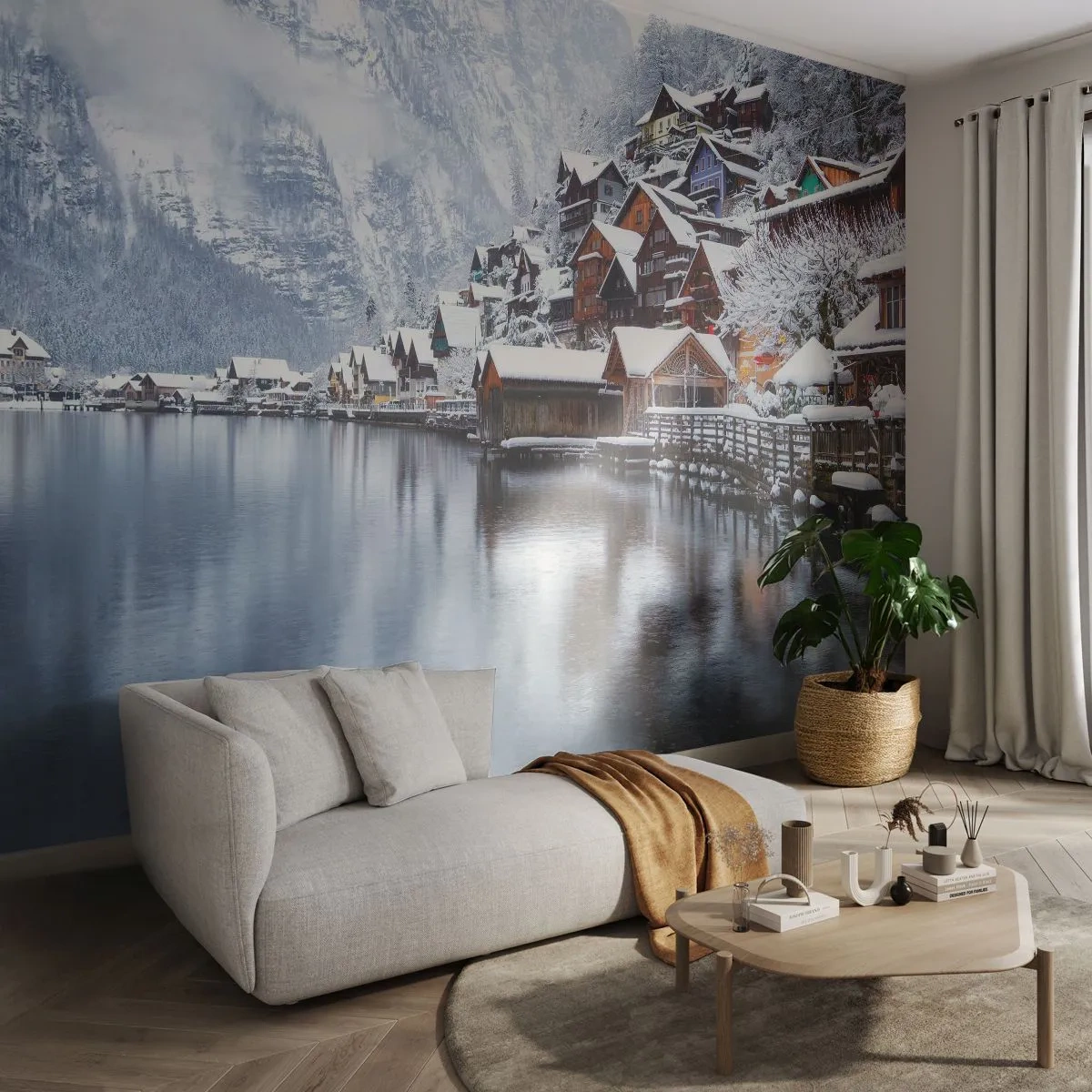 Papel de Parede Autocolante Deluxe Sticker - Na decoração de inverno - Paisagem, Assentamento de montanha, Inverno - 250x175 cm