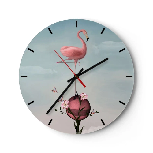 Relógio de parede - Relógio em vidro - Um flamingo rosa em pé sobre uma bola decorada com flores. - 30x30cm - Alegoria do basquetebol - Decoração de parede moderna para a sala de estar, cozinha e quarto ARTTOR