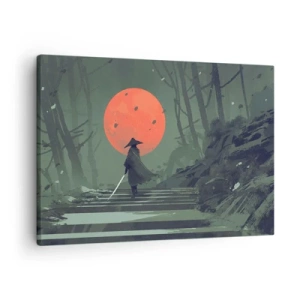 Quadro em tela - Um guerreiro solitário com uma espada tendo como pano de fundo uma lua vermelha em uma floresta escura. - 70x50cm - O guerreiro da lua vermelha - Decoração de parede moderna para a sala de estar e quarto ARTTOR