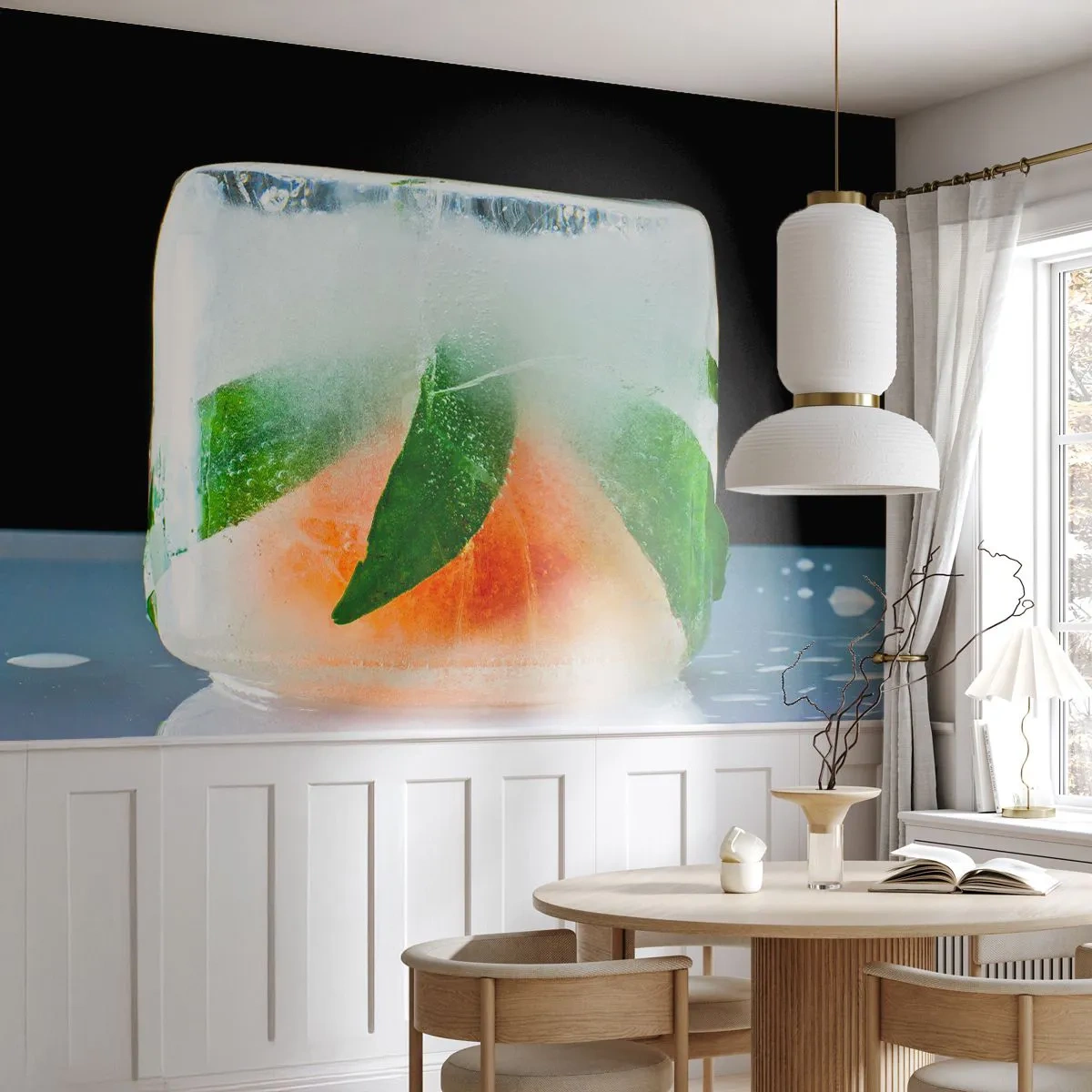 Papel de Parede Autocolante Deluxe Sticker - Frescor e refresco - Cubo de gelo, Laranja, Folha de menta - 250x175 cm