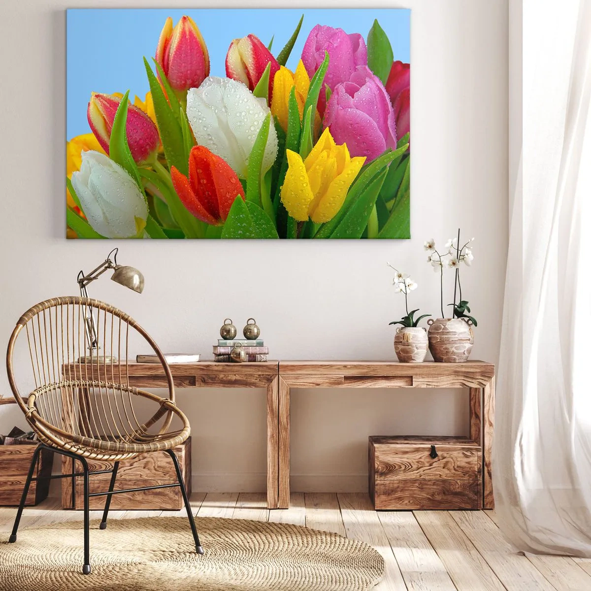 Quadro em tela - Arco-íris floral em gotas de orvalho - 120x80 cm
