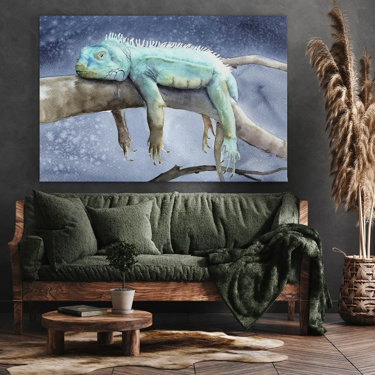 Quadro em tela - Iguana azul descansando em um galho - 70x50cm - Estamos bem! - Decoração de parede moderna para a sala de estar e quarto ARTTOR