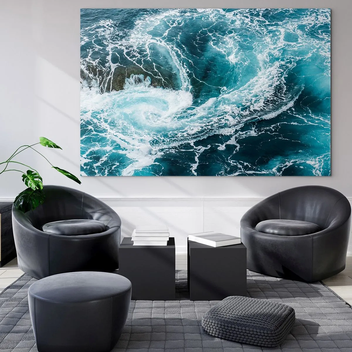 Quadro em vidro - Um redemoinho oceânico cercado por ondas brancas em água azul - 70x50cm - Portões para o Interior da Terra - Decoração de parede moderna para a sala de estar e quarto ARTTOR