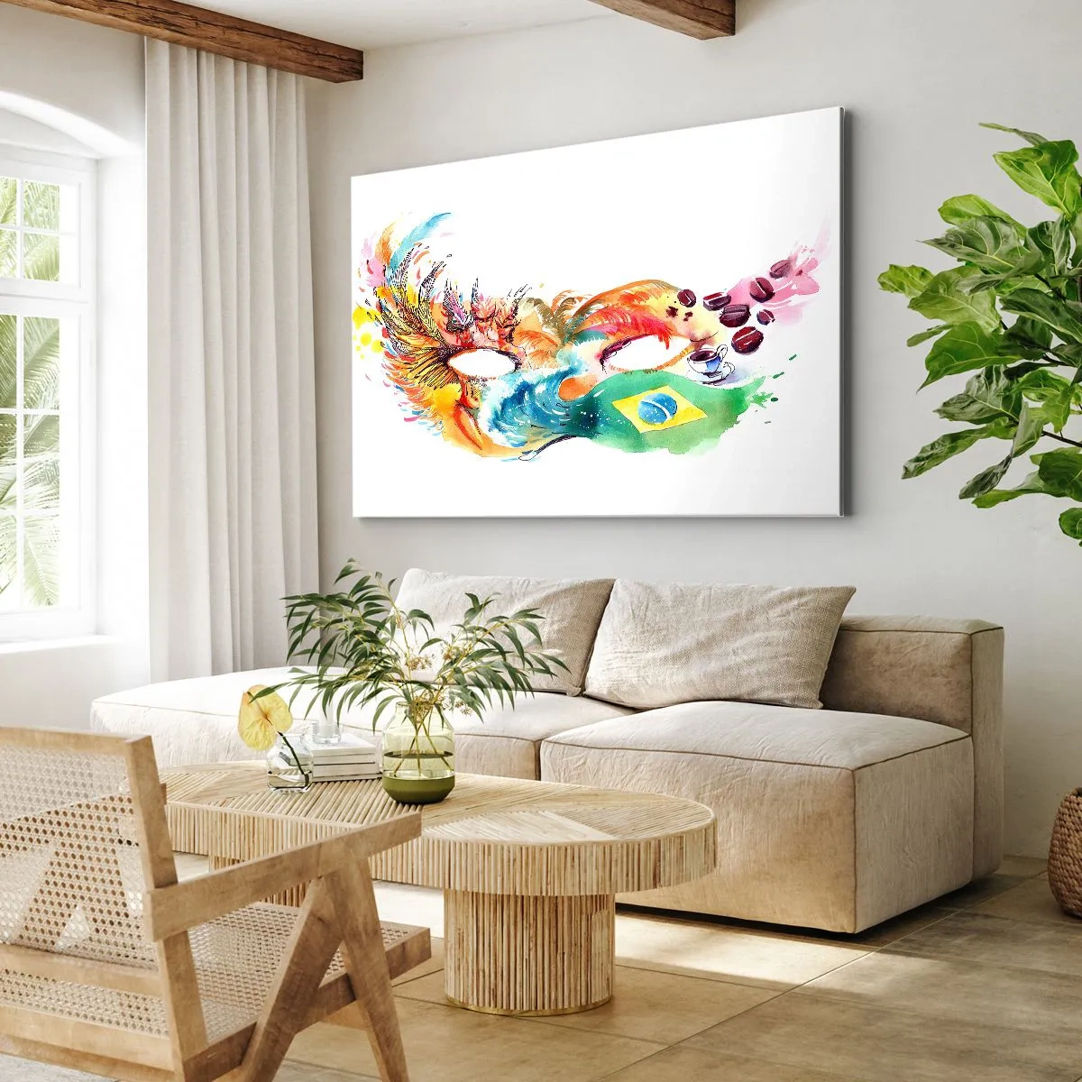 Quadro em tela - Máscara de aquarela colorida inspirada no Brasil - 70x50cm - O Brasil lhe recebe com samba - Decoração de parede moderna para a sala de estar e quarto ARTTOR