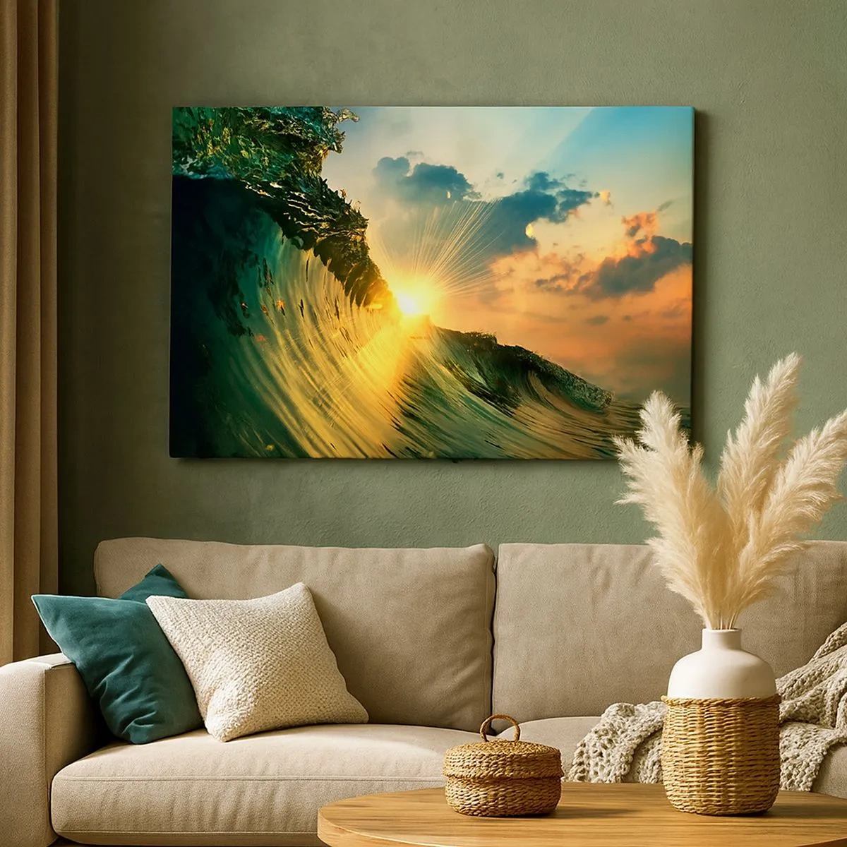 Quadro em tela - Uma onda com o pôr do sol e nuvens iluminadas - 70x50cm - Surfer, onde está? - Decoração de parede moderna para a sala de estar e quarto ARTTOR