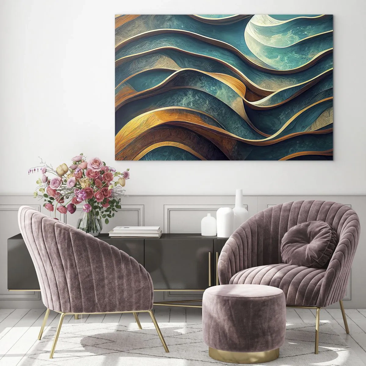 Quadro em vidro - Linhas dinâmicas em azul e cobre criando ondas - 70x50cm - Meandros de azul - Decoração de parede moderna para a sala de estar e quarto ARTTOR