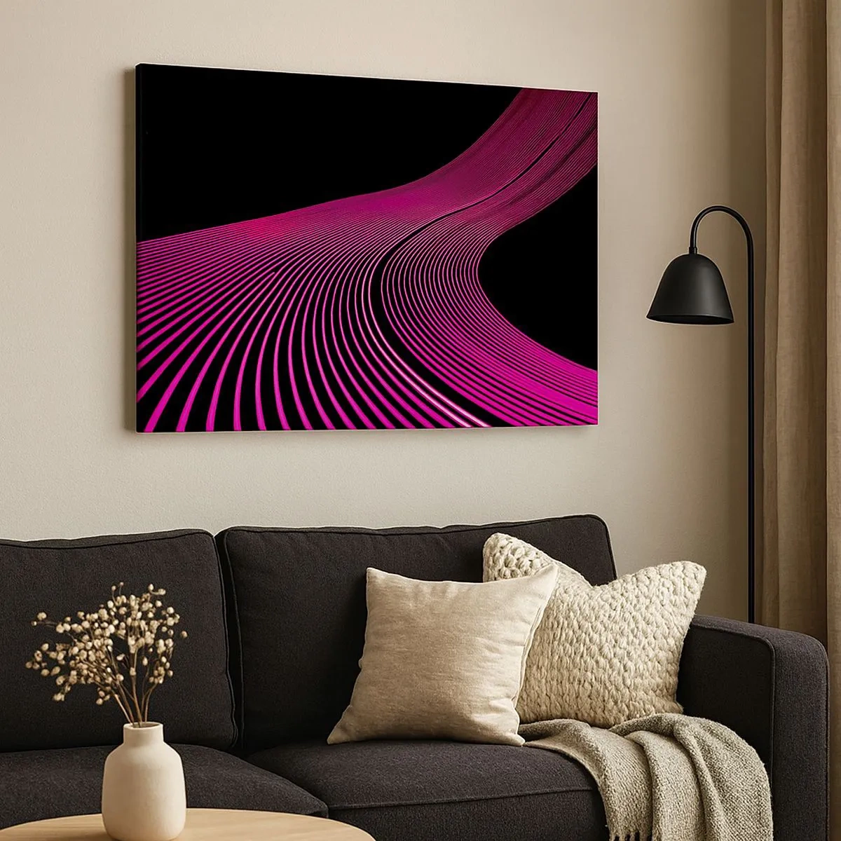 Quadro em tela - Linhas futuristas em tons de rosa sobre fundo preto - 70x50cm - Avenida da luz - Decoração de parede moderna para a sala de estar e quarto ARTTOR