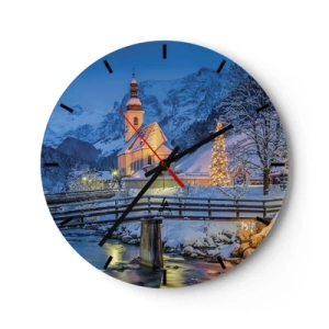 Relógio de parede - Relógio em vidro - Igreja em um ambiente de inverno com uma árvore de Natal - 30x30cm - O Espírito do Natal - Decoração de parede moderna para a sala de estar, cozinha e quarto ARTTOR