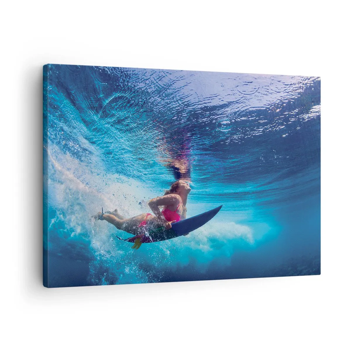 Quadro em tela - Um surfista debaixo d'água em uma composição dinâmica em tons de azul. - 70x50cm - Profundidade da alegria - Decoração de parede moderna para a sala de estar e quarto ARTTOR