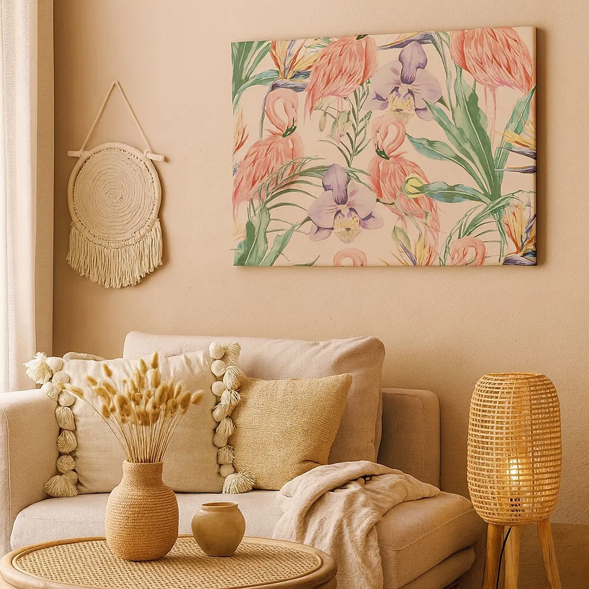 Quadro em tela - Flamingos e flores tropicais em um fundo claro - 70x50cm - Balé rosa em flores - Decoração de parede moderna para a sala de estar e quarto ARTTOR