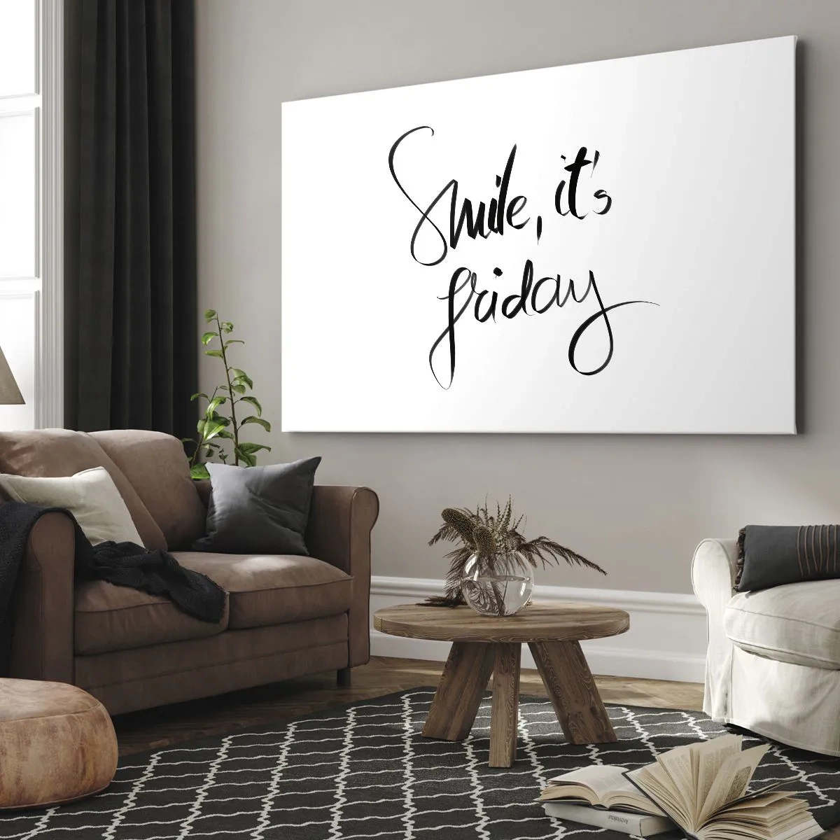 Quadro em tela - Letras em preto e branco Sorria, é sexta-feira - 70x50cm - Verdadeira alegria - Decoração de parede moderna para a sala de estar e quarto ARTTOR