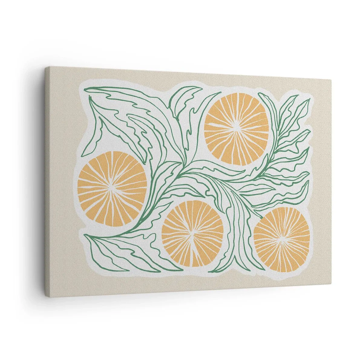 Quadro em tela - Um motivo minimalista laranja com folhas verdes - 70x50cm - Étnico com um toque de abstração - Decoração de parede moderna para a sala de estar e quarto ARTTOR