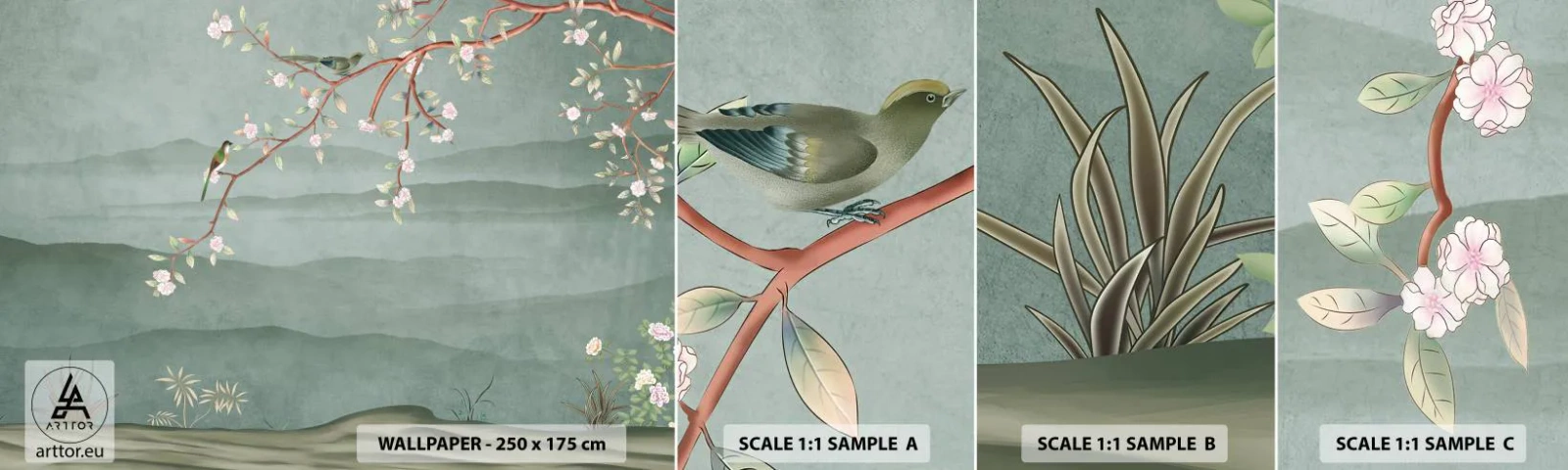Amostra de Papel de Parede Standard Eco - Primavera, oh, és tu - Pastel, Pássaros, Flores - 100x30 cm
