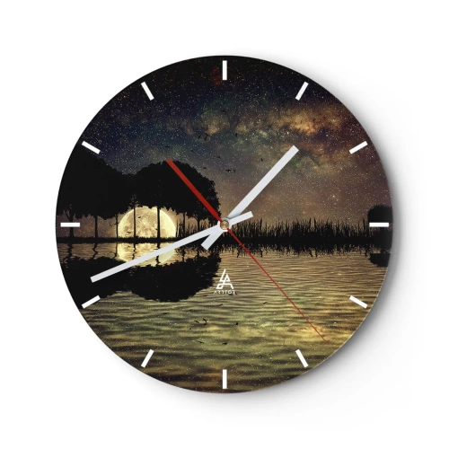 Relógio de parede - Relógio em vidro - Paisagem com lago, árvores e céu estrelado à noite - 30x30cm - Uma noite no Fim do Mundo - Decoração de parede moderna para a sala de estar, cozinha e quarto ARTTOR