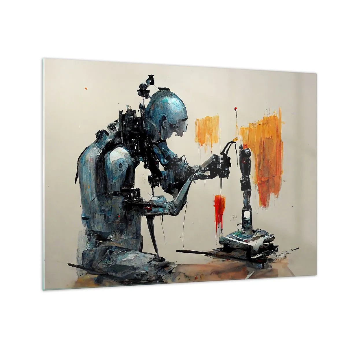 Quadro em vidro - Um robô pintando uma mão mecânica em um fundo abstrato. - 70x50cm - Já amanhã… - Decoração de parede moderna para a sala de estar e quarto ARTTOR