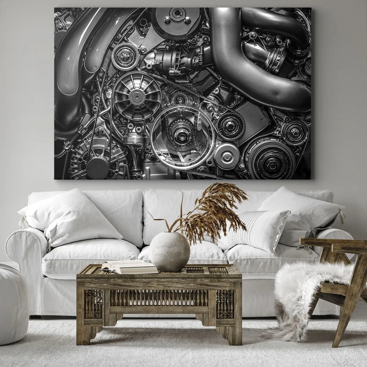 Quadro em tela - Close em preto e branco dos detalhes mecânicos de um motor de carro. - 70x50cm - A poesia da mecánica - Decoração de parede moderna para a sala de estar e quarto ARTTOR
