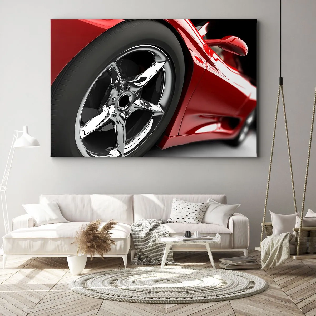 Quadro em tela - Carro esportivo vermelho com roda cromada - 70x50cm - Projetado para a velocidade - Decoração de parede moderna para a sala de estar e quarto ARTTOR