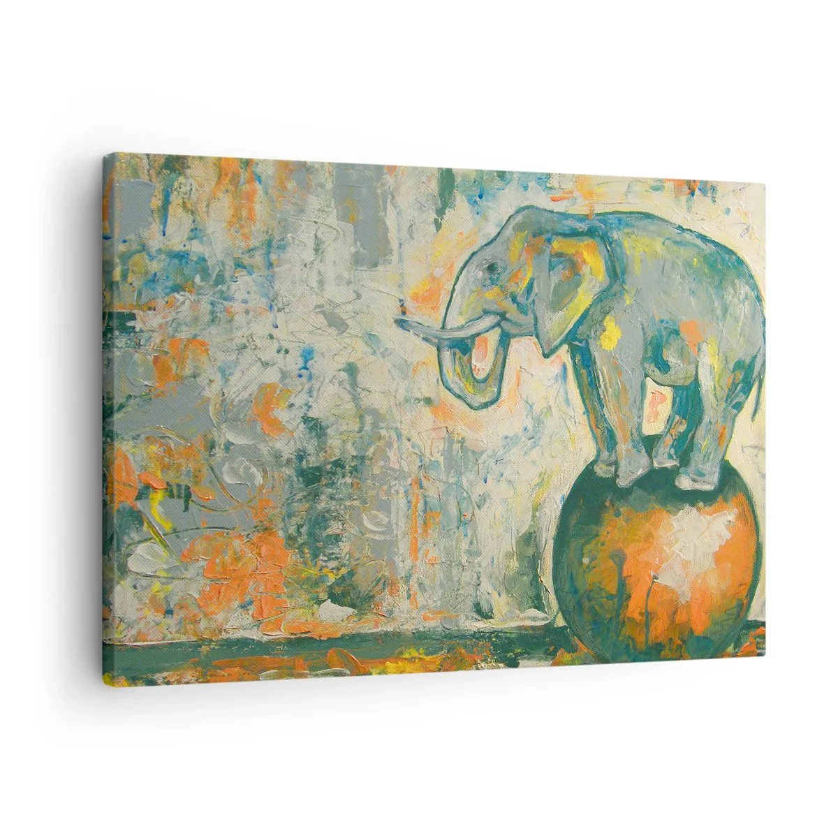 Quadro em tela - Um elefante equilibrado em uma bola em um estilo artístico - 70x50cm - Viva o circo! - Decoração de parede moderna para a sala de estar e quarto ARTTOR