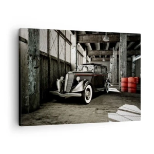 Quadro em tela - Carro retrô estiloso em um armazém bruto - 70x50cm - A elegância duradoura dos anos 30. - Decoração de parede moderna para a sala de estar e quarto ARTTOR