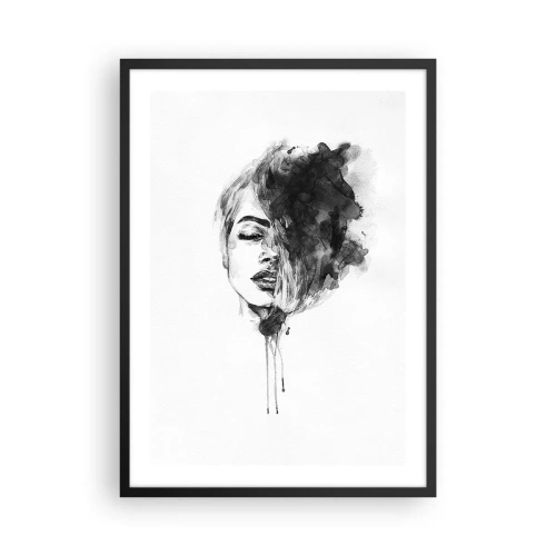 Pôster com moldura preta - Retrato de uma mulher em aquarela em preto e branco - 50x70cm - O que sonha uma rapariga - Decoração de parede moderna para a sala de estar e quarto ARTTOR