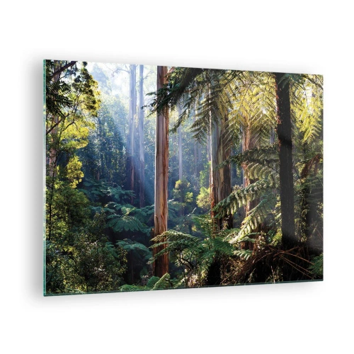 Quadro em vidro - Floresta tropical verde com raios de sol - 70x50cm - Um conto de fadas da floresta - Decoração de parede moderna para a sala de estar e quarto ARTTOR