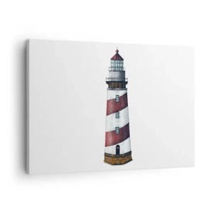 Quadro em tela - Uma imagem de desenho animado de um farol com listras vermelhas e brancas em um fundo minimalista. - 70x50cm - Sempre em guarda - Decoração de parede moderna para a sala de estar e quarto ARTTOR