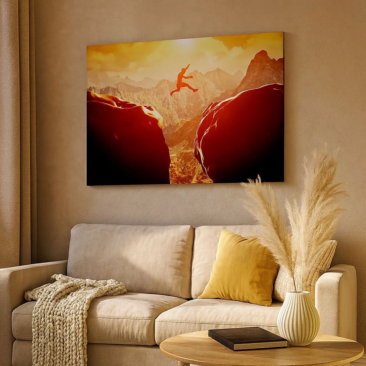 Quadro em tela - Uma figura saltando entre rochas com montanhas ao fundo - 70x50cm - Superando os limites - Decoração de parede moderna para a sala de estar e quarto ARTTOR