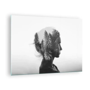 Quadro em vidro - Uma mulher em preto e branco com um motivo de floresta de coníferas sobreposto - 70x50cm - A senhora do pinhal - Decoração de parede moderna para a sala de estar e quarto ARTTOR