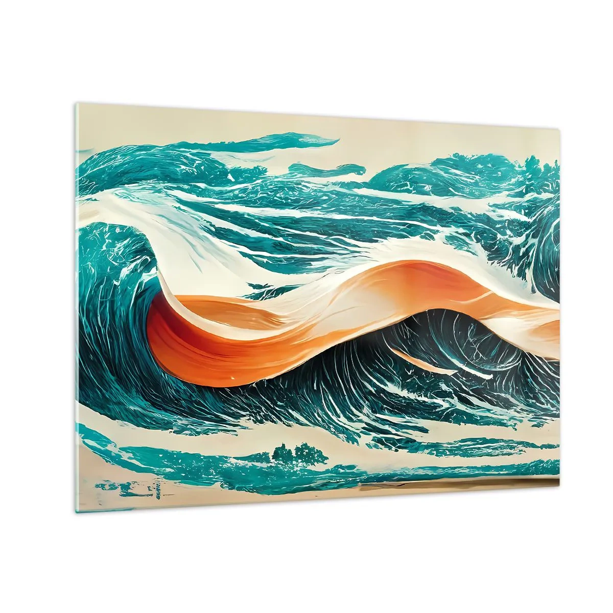 Quadro em vidro - Ondas turquesa com uma fita laranja em um estilo surreal - 70x50cm - O sonho de um surfista - Decoração de parede moderna para a sala de estar e quarto ARTTOR