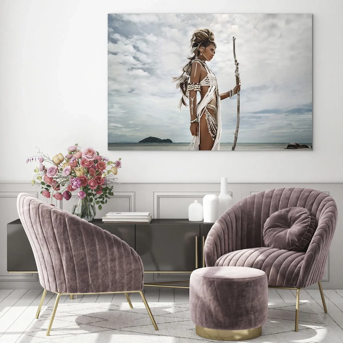 Quadro em vidro - Uma figura exótica contra a praia e o céu - 70x50cm - Rainha dos trópicos - Decoração de parede moderna para a sala de estar e quarto ARTTOR