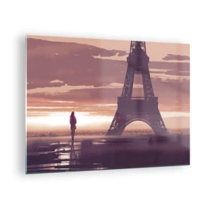 Quadro em vidro - A Torre Eiffel ao pôr do sol com a silhueta de uma pessoa - 70x50cm - Só elas as duas - Decoração de parede moderna para a sala de estar e quarto ARTTOR