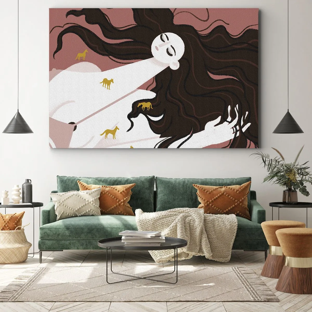 Quadro em tela - Uma figura com os olhos fechados rodeada por cavalos dourados - 70x50cm - Sonho com um cavalo dourado - Decoração de parede moderna para a sala de estar e quarto ARTTOR