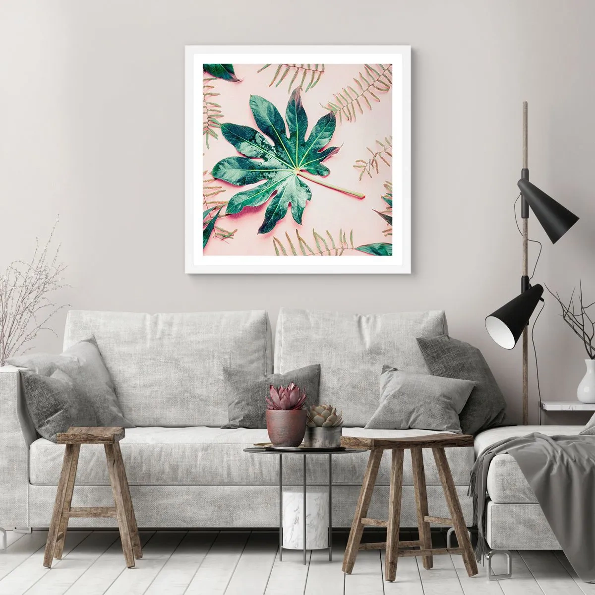 Pôster em moldura branca - Estudo do verde em um fundo rosa - 60x60 cm