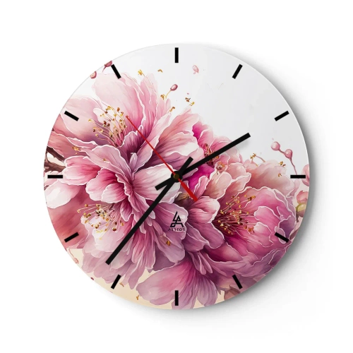 Relógio de parede - Relógio em vidro - Flores de cerejeira rosa florescendo em um fundo branco em um estilo artístico - 30x30cm - Flor de cerejeira - Decoração de parede moderna para a sala de estar, cozinha e quarto ARTTOR