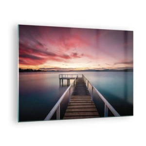 Quadro em vidro - Píer à beira do lago ao pôr do sol com céu rosa - 70x50cm - A chama suave da noite - Decoração de parede moderna para a sala de estar e quarto ARTTOR