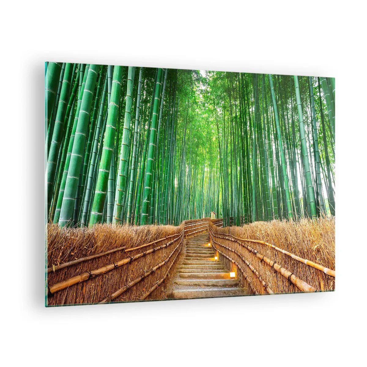 Quadro em vidro - Um caminho na floresta de bambu que leva através das escadas - 70x50cm - A essência da natureza asiática - Decoração de parede moderna para a sala de estar e quarto ARTTOR