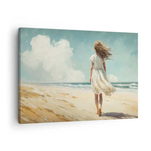 Quadro em tela - Uma mulher de vestido branco caminhando na praia em um dia ensolarado - 70x50cm - Para encontrar o sol e o vento - Decoração de parede moderna para a sala de estar e quarto ARTTOR