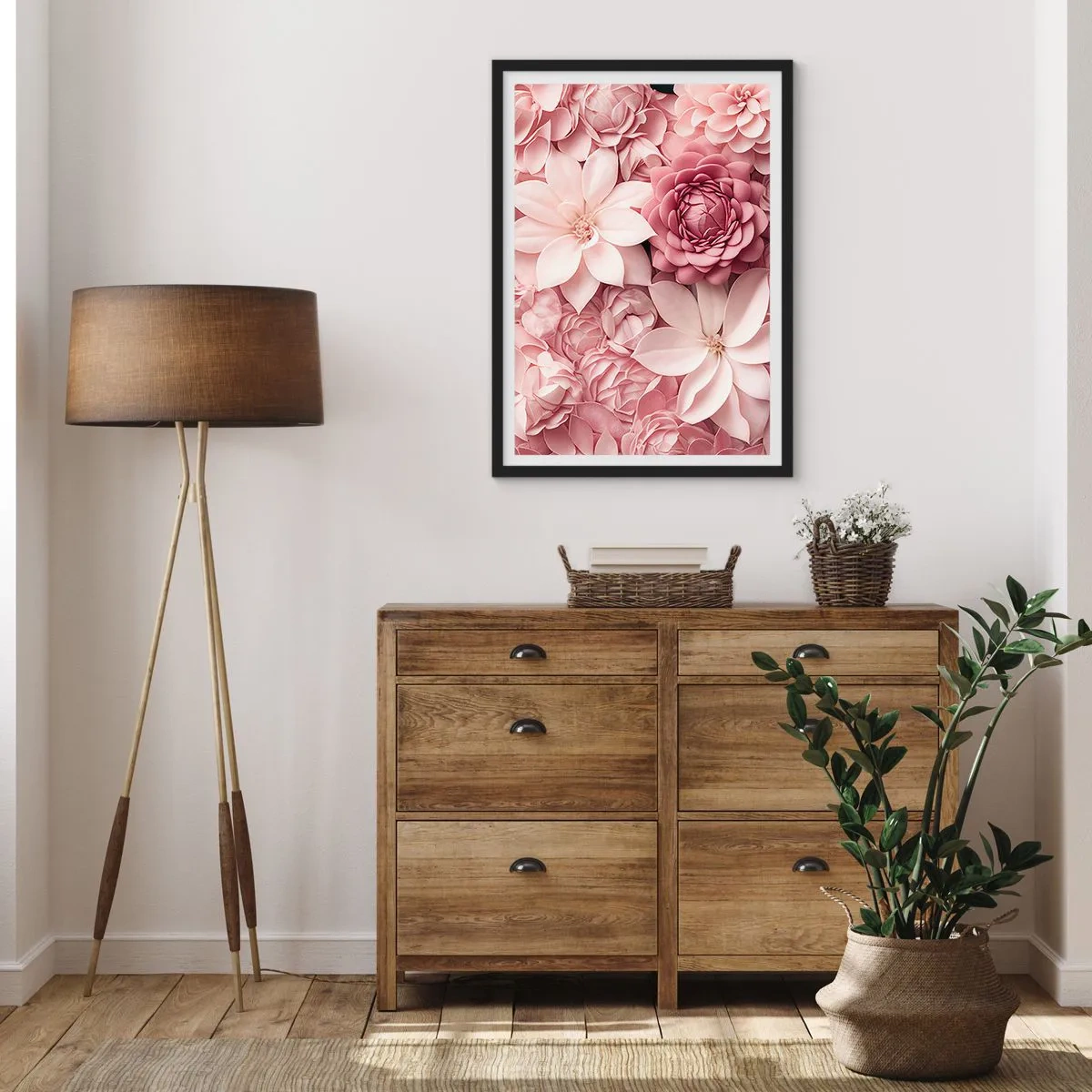 Pôster com moldura preta - Flores rosas em uma composição elegante - 50x70cm - Em pétalas rosa - Decoração de parede moderna para a sala de estar e quarto ARTTOR