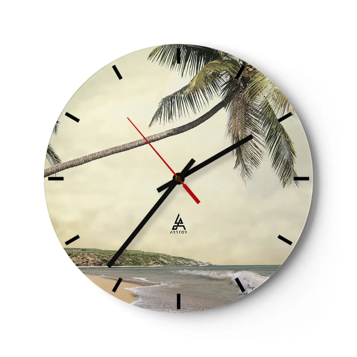 Relógio de parede - Relógio em vidro - Palmeiras com o pano de fundo de uma praia tropical - 30x30cm - Sonho tropical - Decoração de parede moderna para a sala de estar, cozinha e quarto ARTTOR