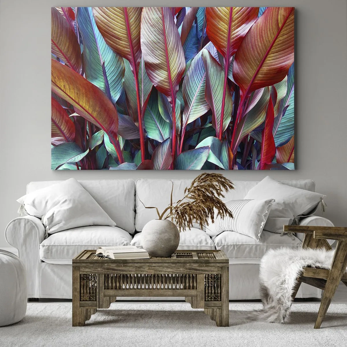 Quadro em tela - Folhas coloridas de plantas tropicais no matagal - 70x50cm - Um matagal colorido - Decoração de parede moderna para a sala de estar e quarto ARTTOR