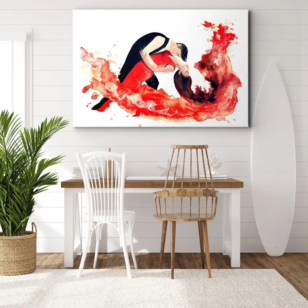 Quadro em tela - Uma pintura em aquarela dinâmica de um casal dançando em tons vermelhos. - 70x50cm - Tango - uma onda sensual - Decoração de parede moderna para a sala de estar e quarto ARTTOR
