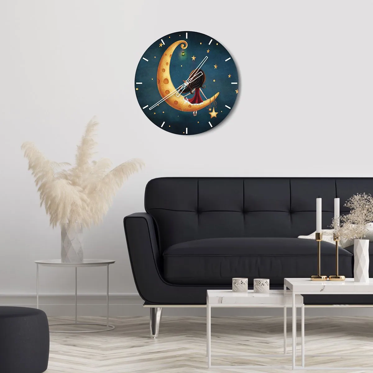 Relógio de parede - Relógio em vidro - Uma garota sentada na lua em um cenário de conto de fadas - 30x30cm - Uma vez... - Decoração de parede moderna para a sala de estar, cozinha e quarto ARTTOR