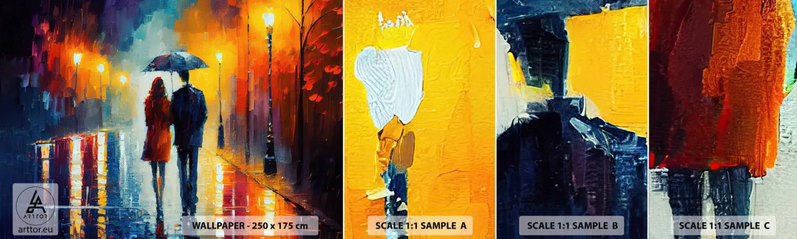 Amostra de papel de parede autocolante Deluxe Sticker - Juntos – uma noite colorida - Casal, Romântico, Andar - 100x30 cm