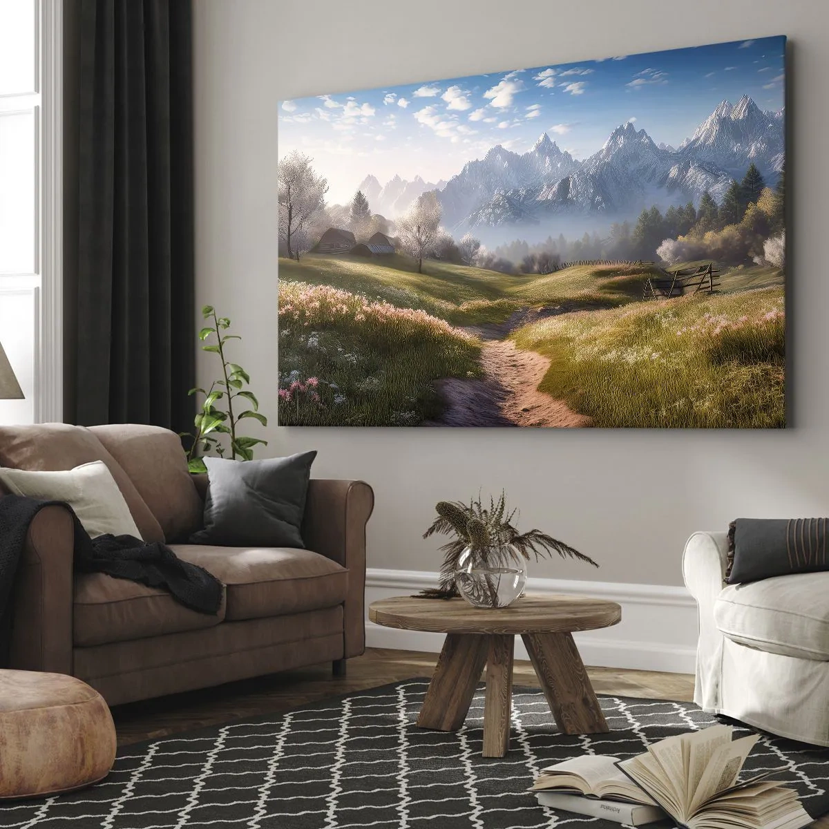 Quadro em tela - Um vale montanhoso com prados, cabanas e vista para os picos - 70x50cm - Vale idílico - Decoração de parede moderna para a sala de estar e quarto ARTTOR
