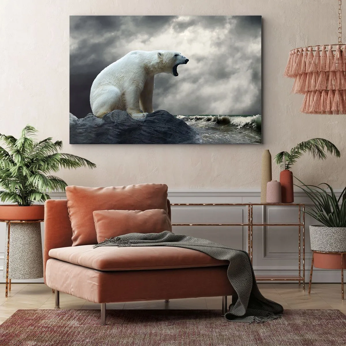 Quadro em tela - Um urso polar nas rochas acima de um mar tempestuoso - 70x50cm - O Rei Solitário do Ártico - Decoração de parede moderna para a sala de estar e quarto ARTTOR