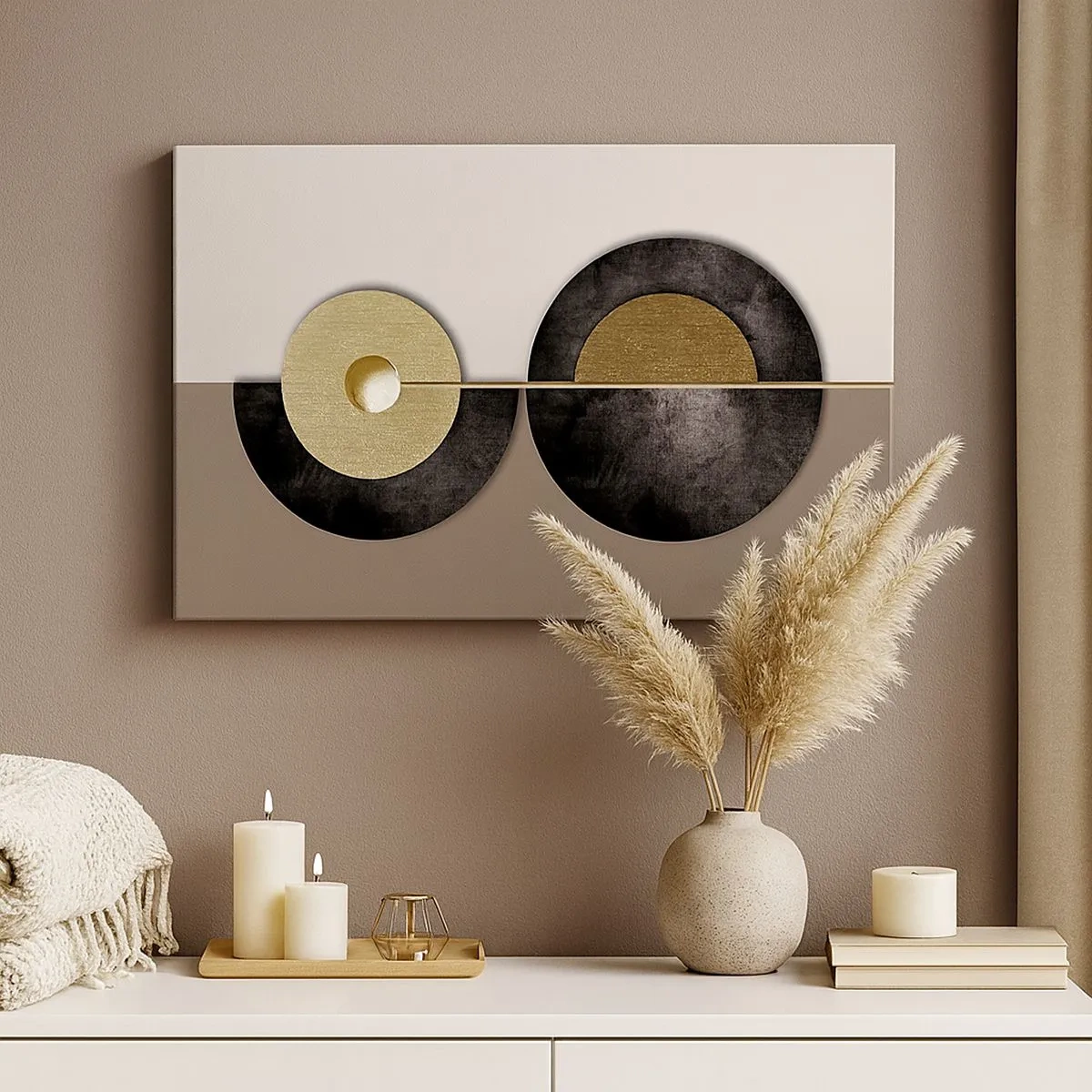 Quadro em tela - Círculos abstratos em tons de dourado e marrom - 70x50cm - Variações ao redor do círculo - Decoração de parede moderna para a sala de estar e quarto ARTTOR