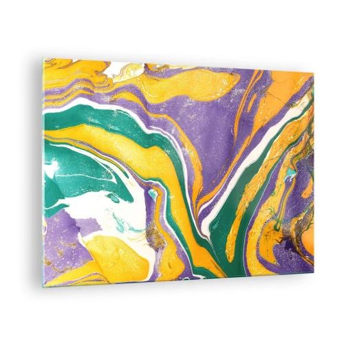 Quadro em vidro - Padrão de onda abstrato em amarelo, roxo e verde - 70x50cm - Ondas de cor - Decoração de parede moderna para a sala de estar e quarto ARTTOR