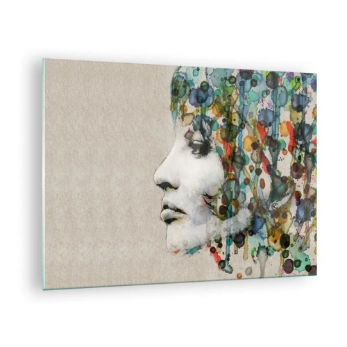 Quadro em vidro - Retrato de uma mulher com detalhes em cores abstratas - 70x50cm - Emergida das cinzas - Decoração de parede moderna para a sala de estar e quarto ARTTOR