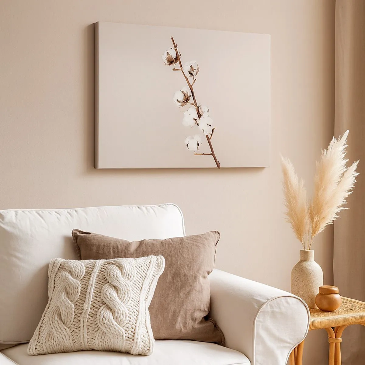 Quadro em tela - Um raminho de algodão em um fundo bege - 70x50cm - Na fonte da suavidade - Decoração de parede moderna para a sala de estar e quarto ARTTOR
