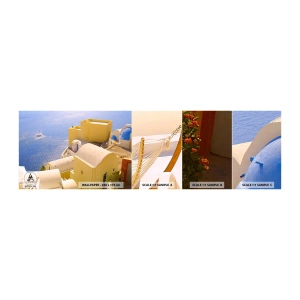 Amostra de Papel de Parede Standard Eco - Paisagem grega em branco e azul - Paisagem, Santorini, Grécia - 100x30 cm